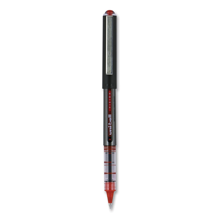 uniball VISION Roller Ball Pen, Stick, Micro 0.5 mm, Red Ink, Gray/Red Barrel, Dozen