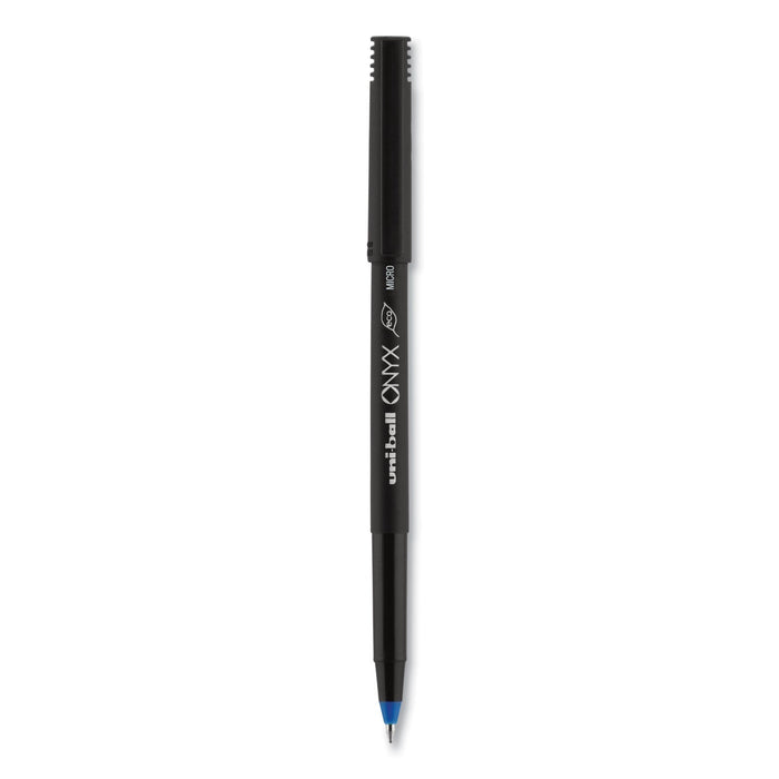 uniball ONYX Roller Ball Pen, Stick, Micro 0.5 mm, Blue Ink, Black Matte Barrel, Dozen