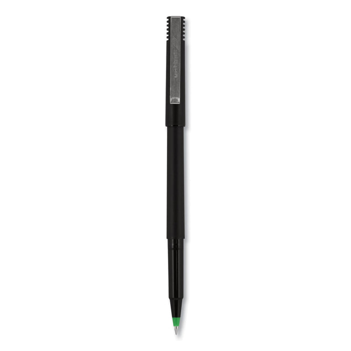 uniball Roller Ball Pen, Stick, Micro 0.5 mm, Green Ink, Black Matte Barrel, Dozen