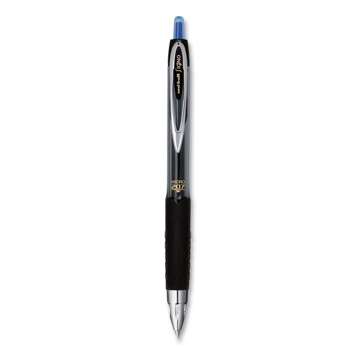 uniball Signo 207 Gel Pen, Retractable, Micro 0.5 mm, Blue Ink, Smoke/Black/Blue Barrel, Dozen