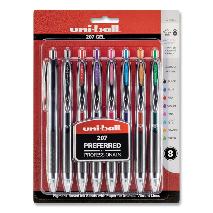 uniball Signo 207 Gel Pen, Retractable, Medium 0.7 mm, Assorted Ink Colors, Black Barrel, 8/Pack