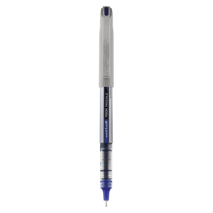 uniball VISION Needle Roller Ball Pen, Stick, Fine 0.7 mm, Blue Ink, Silver Barrel, Dozen