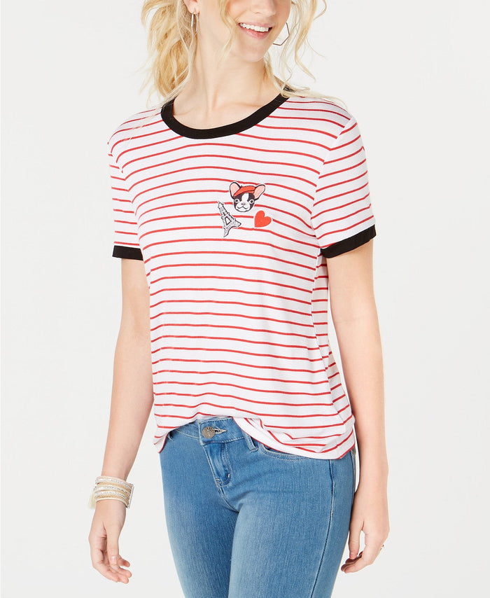 Rebellious One Juniors Frenchie Striped Ringer T-Shirt, Size XL by Vanessa Jane