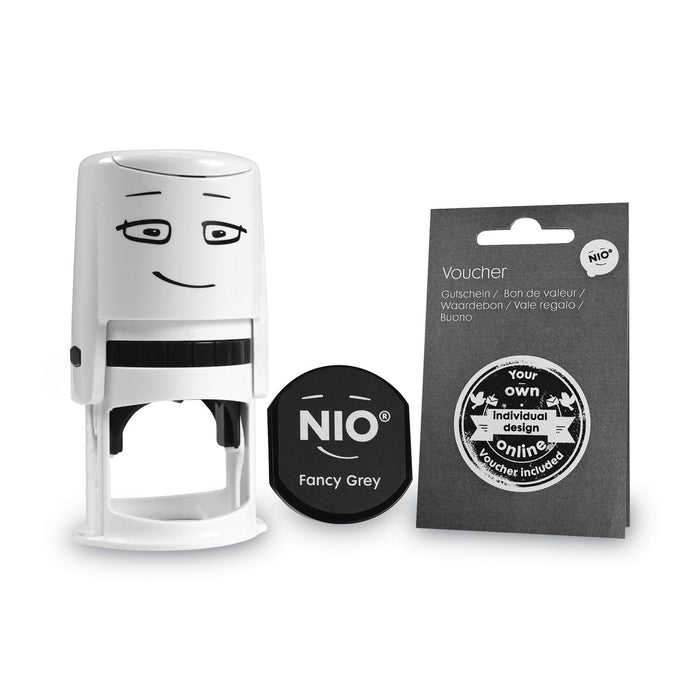 NIO Stamp with Voucher and Fancy Gray Ink Pad, Self-Inking, 1.56" Diameter