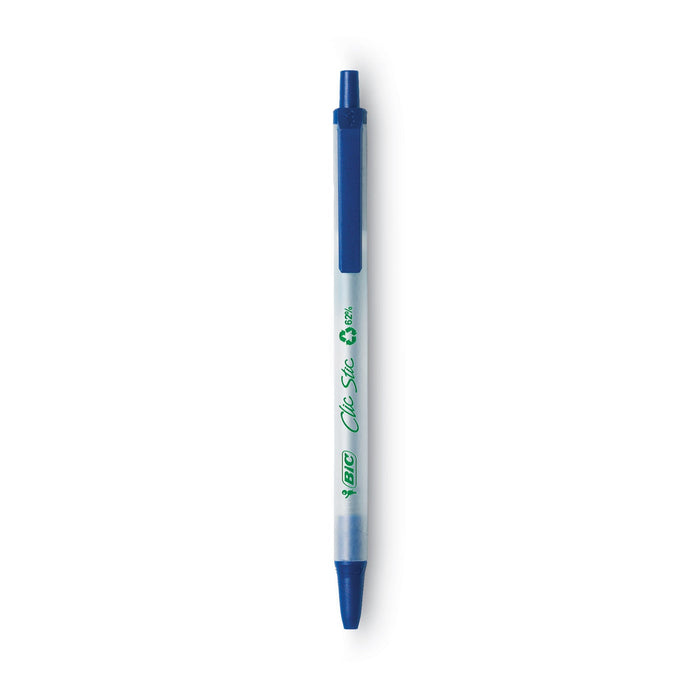 BIC Ecolutions Clic Stic Ballpoint Pen, Retractable, Medium 1 mm, Blue Ink, Clear Barrel, Dozen