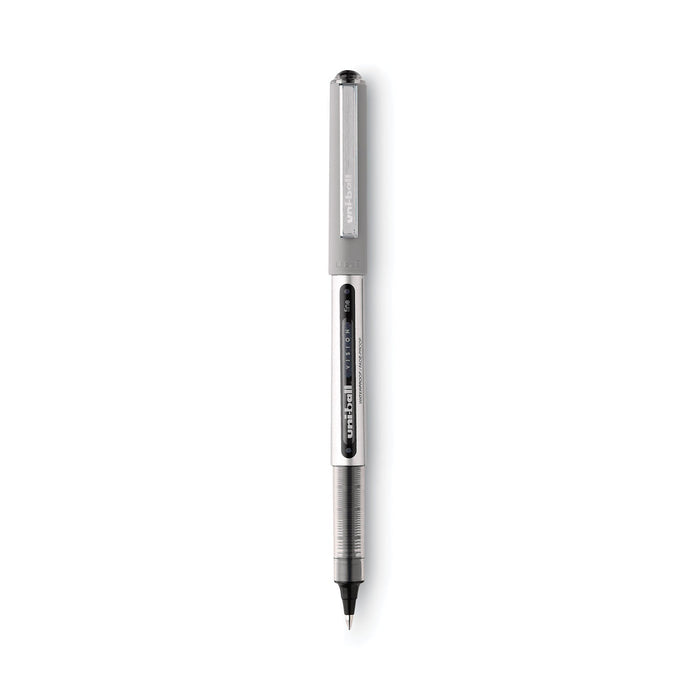 uniball VISION Roller Ball Pen, Stick, Fine 0.7 mm, Black Ink, Black/Gray Barrel, Dozen