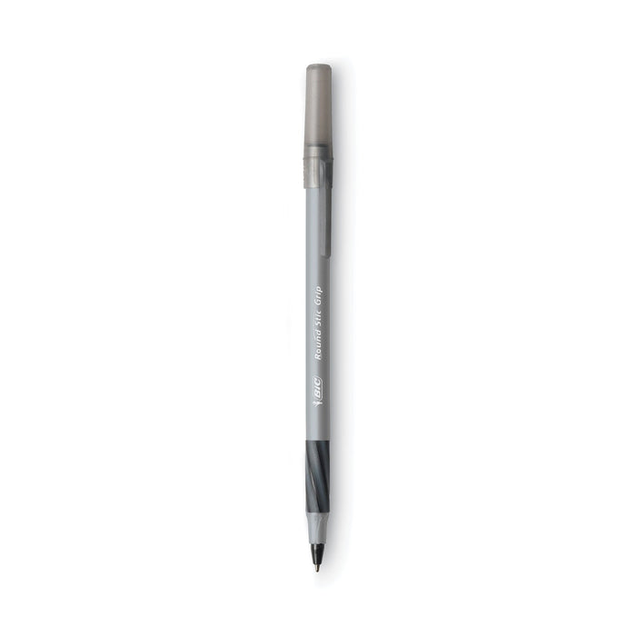 BIC Round Stic Grip Xtra Comfort Ballpoint Pen Value Pack, Easy-Glide, Stick, Medium 1.2 mm, Black Ink, Gray/Black Barrel, 36/PK