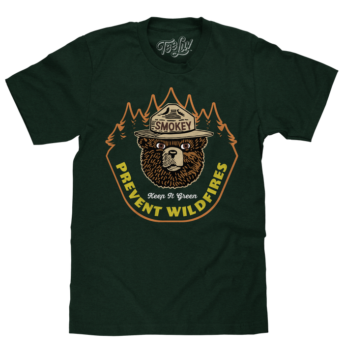 Smokey Bear Keep It Green Prevent Wildfires T-Shirt - Forest Green by Tee Luv
