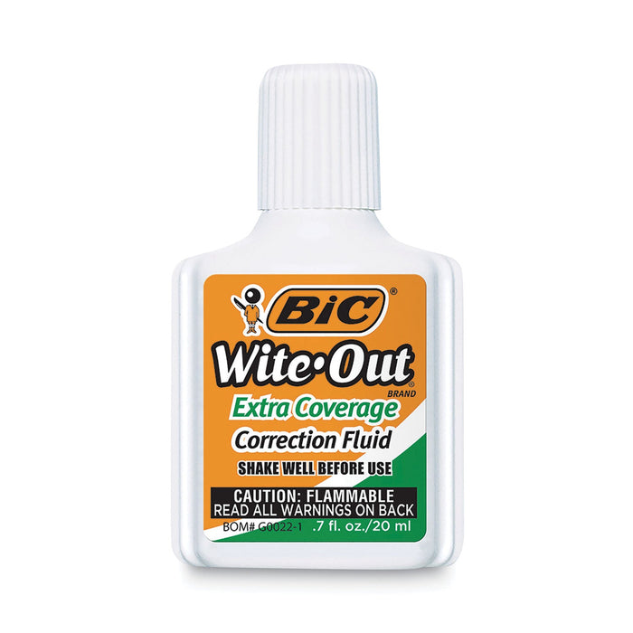 BIC Wite-Out Extra Coverage Correction Fluid, 20 mL Bottle, White, Dozen