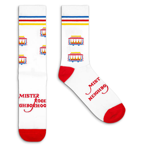 Mister Rogers Neighborhood Trolley Socks - White/Red/Yellow/Blue by Tee Luv