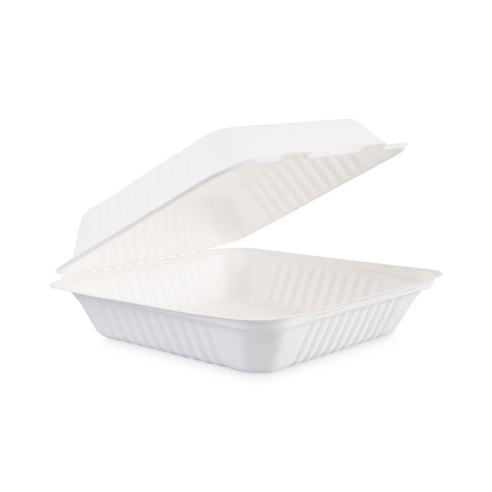 Boardwalk Bagasse Food Containers, Hinged-Lid, 1-Compartment 9 x 9 x 3.19, White, Sugarcane, 100/Sleeve, 2 Sleeves/Carton