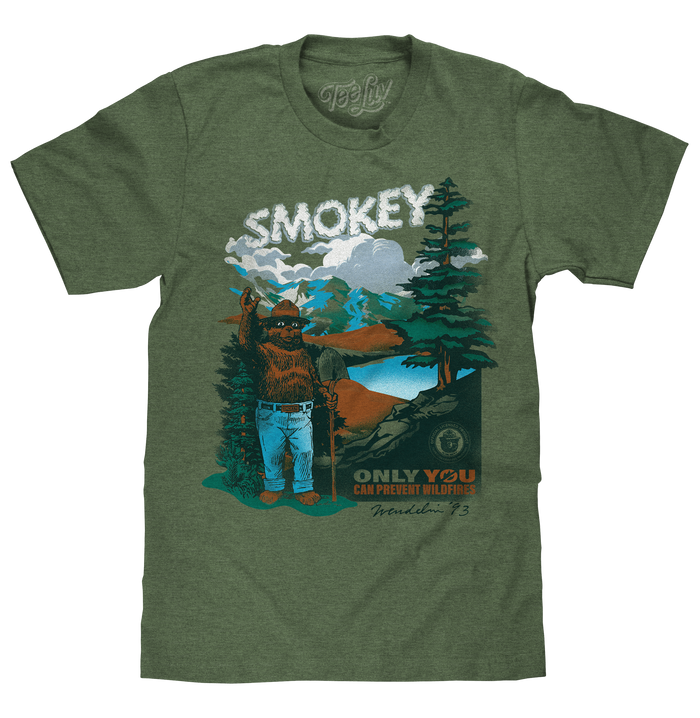 Smokey Bear Only You Can Prevent Wildfires Retro Graphic T-Shirt - Canyon Green by Tee Luv
