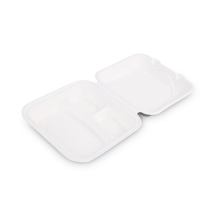 Eco-Products Renewable and Compost Sugarcane Clamshells, 3-Compartment, 9 x 9 x 3, White, 50/Pack, 4 Packs/Carton