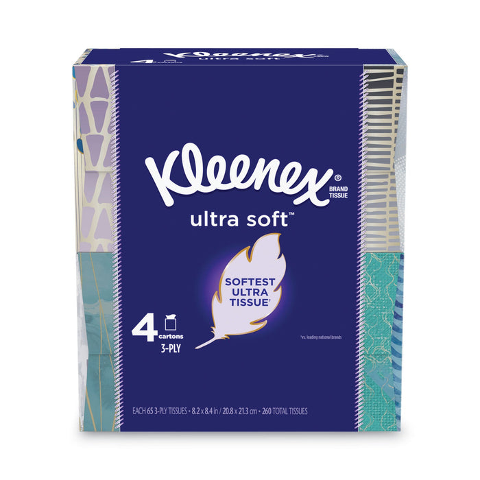 Kleenex Ultra Soft Facial Tissue, 3-Ply, White, 65 Sheets/Box, 4 Boxes/Pack, 12 Packs/Carton