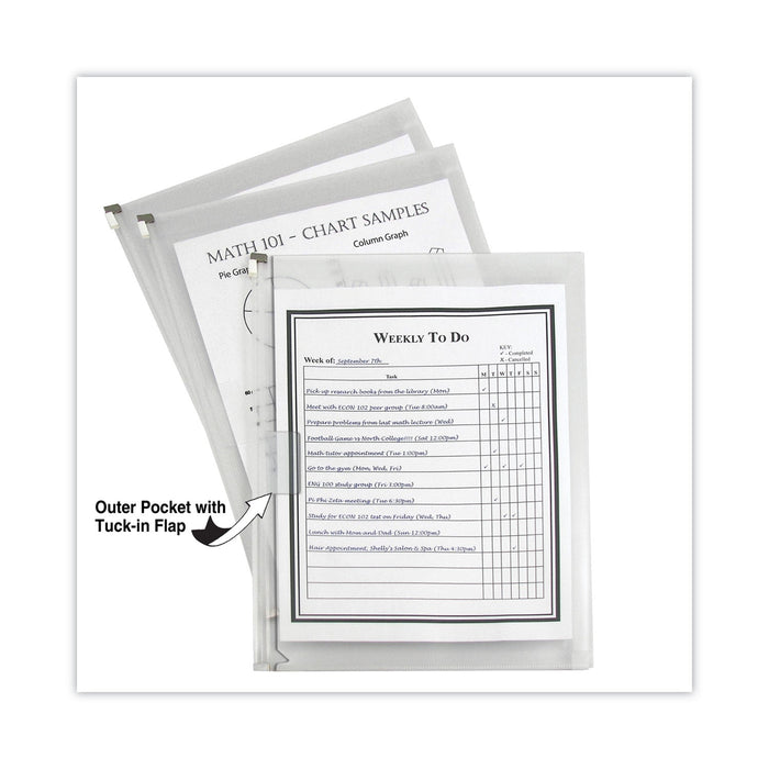C-Line Zip 'N Go Reusable Envelope with Outer Pocket, 1" Capacity, 2 Sections, 10 x 13, Clear, 3/Pack