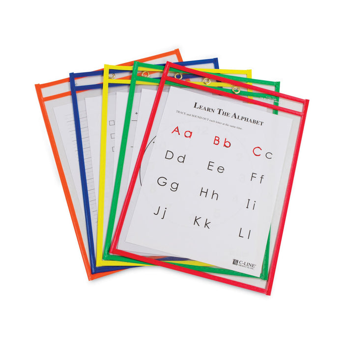 C-Line Reusable Dry Erase Pockets, 9 x 12, Assorted Primary Colors, 10/Pack