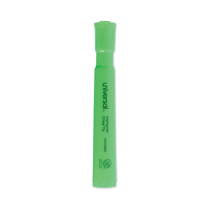 Universal Desk Highlighters, Fluorescent Green Ink, Chisel Tip, Green Barrel, Dozen