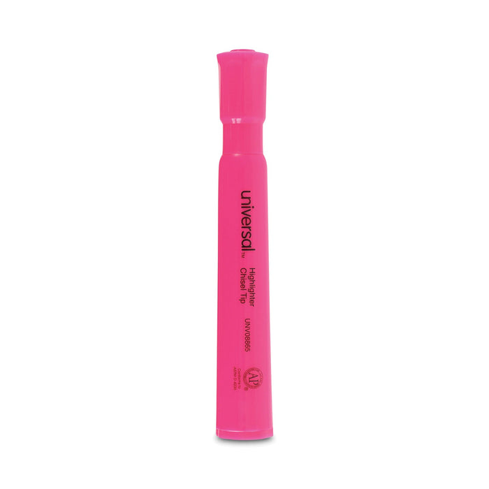 Universal Desk Highlighters, Fluorescent Pink Ink, Chisel Tip, Pink Barrel, Dozen