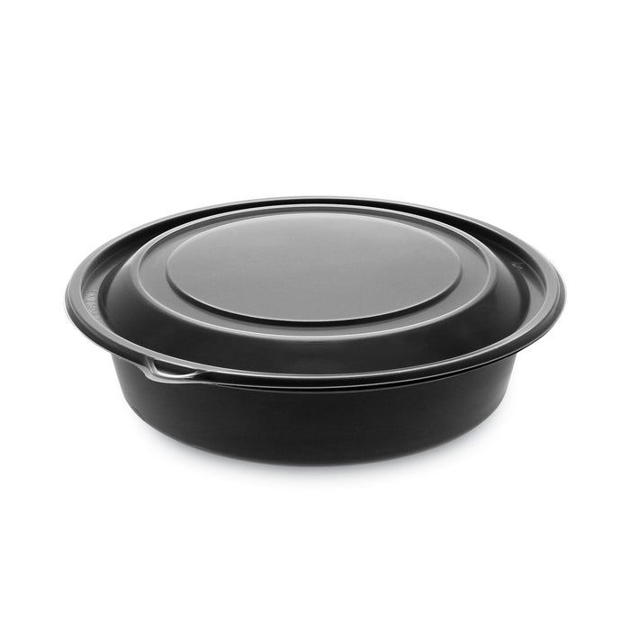 Pactiv Evergreen EarthChoice MealMaster Container with Lid, 32 oz, 8" dia x 2.12" h, 1-Compartment, Black/Clear, Plastic, 250/Carton