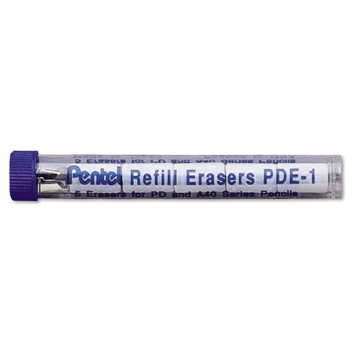Pentel Eraser Refills for Pentel Champ, e-sharp, Jolt, Icy and Quicker Clicker Pencils, Cylindrical Rod, White, 5/Tube