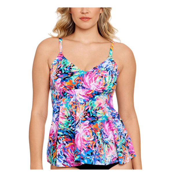 Swim Solutions Printed Lined Stretch Deep V Neck Adjustable Tankini by Vanessa Jane