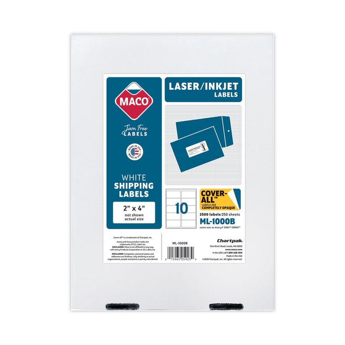 MACO Cover-All Opaque Laser/Inkjet Shipping Labels, Inkjet/Laser Printers, 2 x 4, White, 10 Labels/Sheet, 250 Sheets/Box