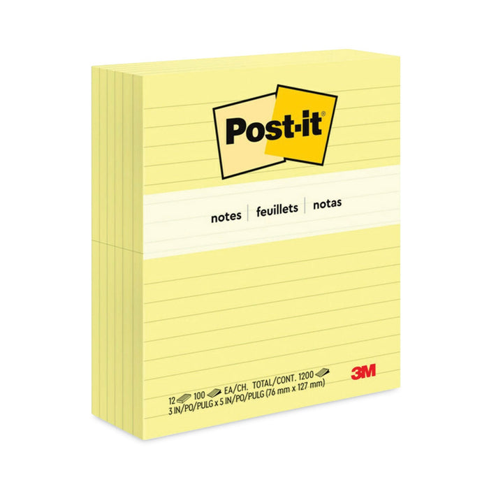 Post-it Original Pads in Canary Yellow, Note Ruled, 3" x 5", 100 Sheets/Pad, 12 Pads/Pack