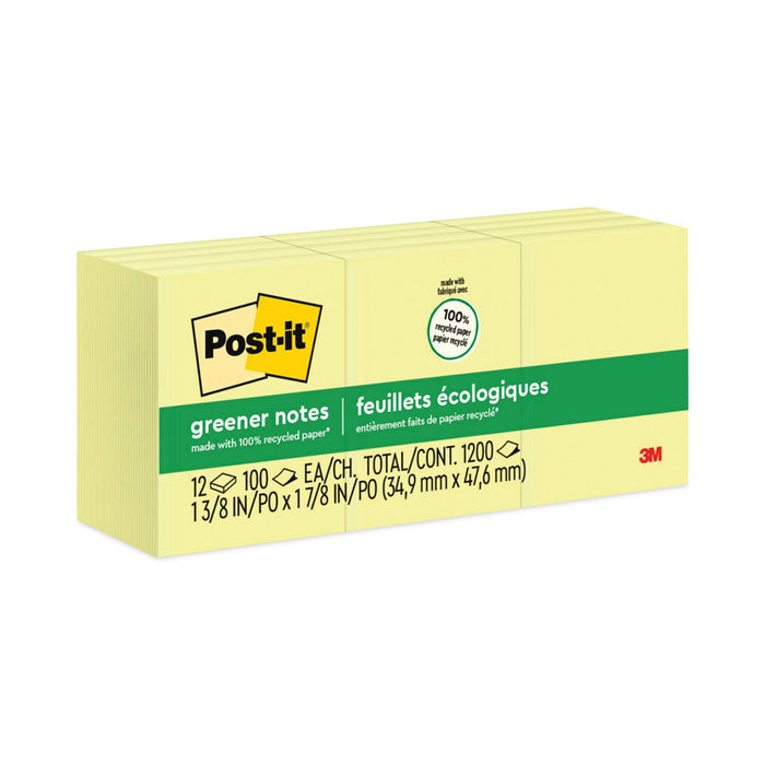 Post-it Original Recycled Note Pads, 1.5" x 2", Canary Yellow, 100 Sheets/Pad, 12 Pads/Pack