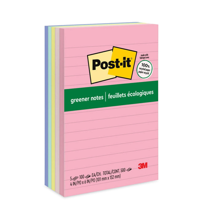 Post-it Original Recycled Note Pads, Note Ruled, 4" x 6", Sweet Sprinkles Collection Colors, 100 Sheets/Pad, 5 Pads/Pack