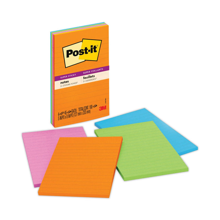 Post-it Pads in Energy Boost Collection Colors, Note Ruled, 5" x 8", 45 Sheets/Pad, 4 Pads/Pack