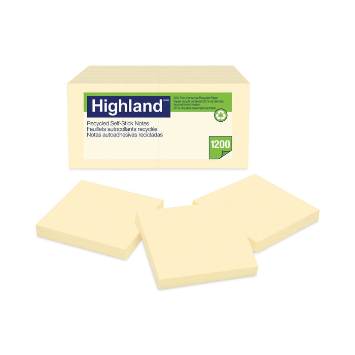 Highland Recycled Self-Stick Notes, 3" x 3", Yellow, 100 Sheets/Pad, 12 Pads/Pack