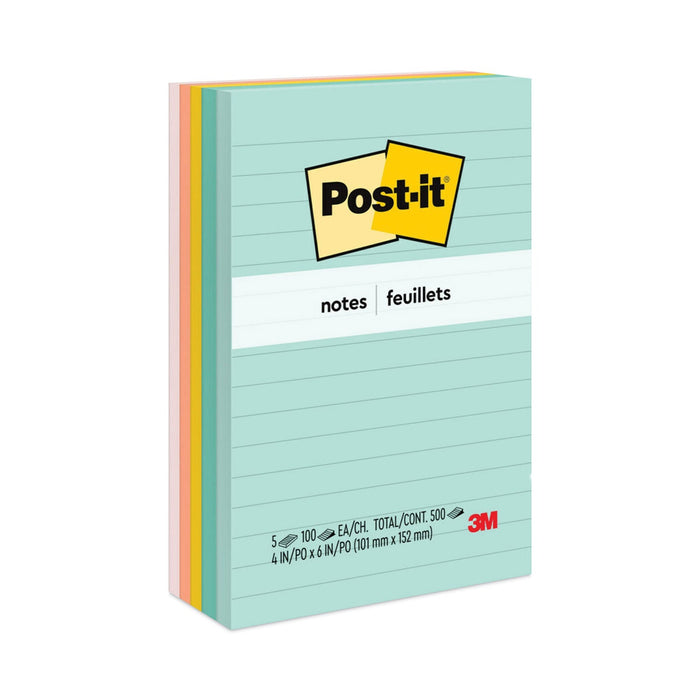Post-it Original Pads in Beachside Cafe Collection Colors, Note Ruled, 4" x 6", 100 Sheets/Pad, 5 Pads/Pack