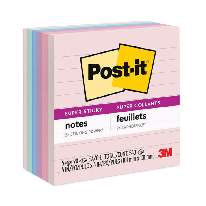 Post-it Recycled Notes in Wanderlust Pastels Collection Colors, Note Ruled, 4" x 4", 90 Sheets/Pad, 6 Pads/Pack