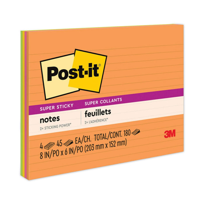Post-it Meeting Notes in Energy Boost Collection Colors, Note Ruled, 8" x 6", 45 Sheets/Pad, 4 Pads/Pack