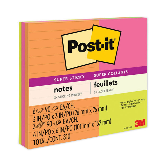 Post-it Pads in Energy Boost Collection Colors, (6) Unruled 3" x 3" Pads, (3) Note Ruled 4" x 6" Pads, 90 Sheets/Pad, 9 Pads/Set