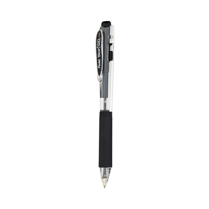 Pentel WOW! Gel Pen Bonus Pack, Retractable, Medium 0.7 mm, Black Ink, Clear/Black Barrel, 24/Pack