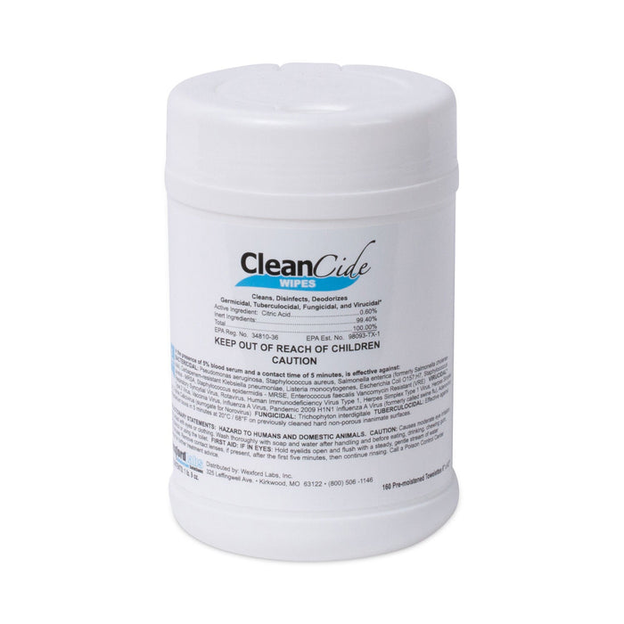 Wexford Labs CleanCide Disinfecting Wipes, 6.5 x 6, Fresh Scent, 160/Canister, 12 Canisters/Carton