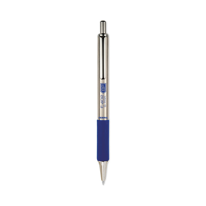 Zebra F-402 Ballpoint Pen, Retractable, Fine 0.7 mm, Blue Ink, Stainless Steel/Blue Barrel, 2/Pack