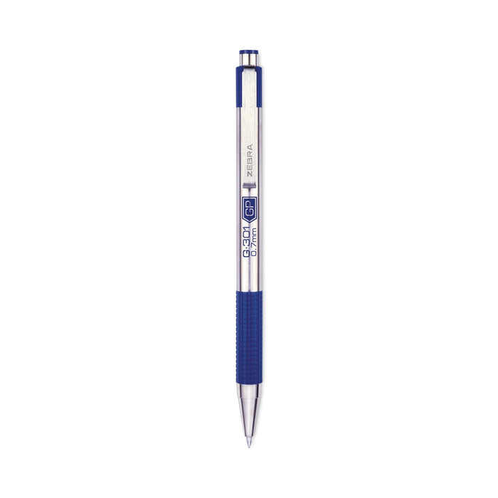 Zebra G-301 Gel Pen, Retractable, Medium 0.7 mm, Blue Ink, Stainless Steel/Blue Barrel