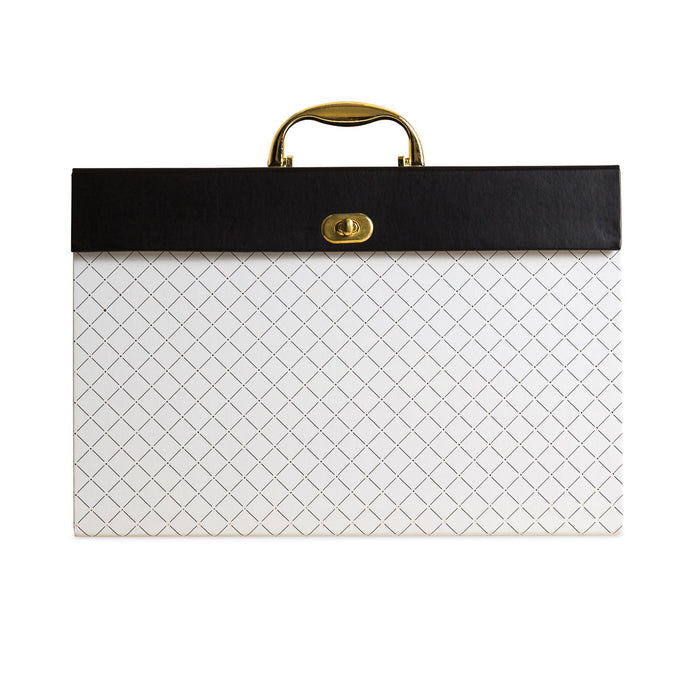 U Brands Expanding File Box, 5.25" Expansion, 19 Sections, Twist-Lock Latch Closure, 2/5-Cut Tabs, Letter Size, White/Black/Gold