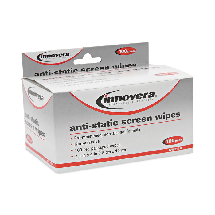 Innovera Antistatic Screen Cleaning Wipes, Cloth, 4.75, x 7.25, White, 100/Pack