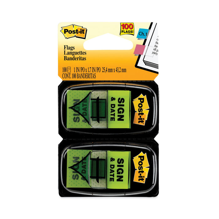 Post-it Arrow Message 1" Page Flags, "Sign and Date", Green, 50 Flags/Dispenser, 2 Dispensers/Pack