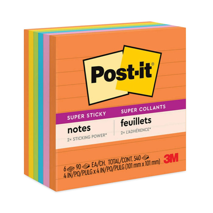 Post-it Pads in Energy Boost Collection Colors, Note Ruled, 4" x 4", 90 Sheets/Pad, 6 Pads/Pack