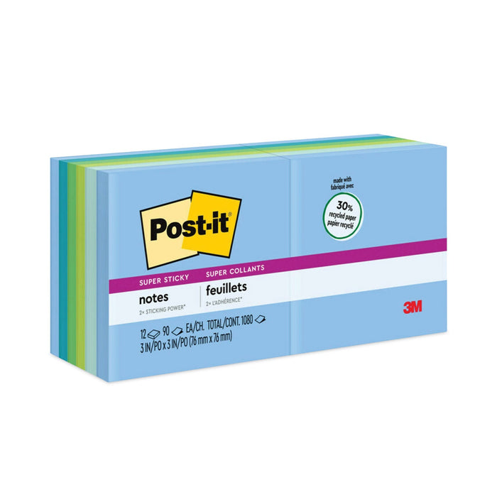 Post-it Recycled Notes in Oasis Collection Colors, 3" x 3", 90 Sheets/Pad, 12 Pads/Pack