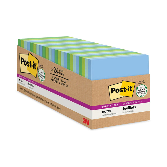Post-it Recycled Notes in Oasis Collection Colors, Cabinet Pack, 3" x 3", 70 Sheets/Pad, 24 Pads/Pack