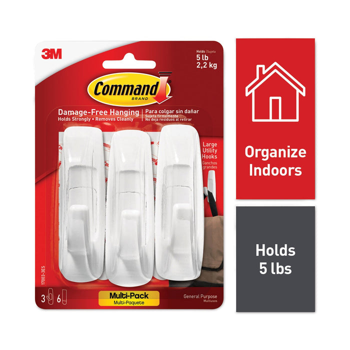 Command General Purpose Hooks Multi-Pack, Large, 5 lb Cap, White, 3 Hooks and 6 Strips/Pack