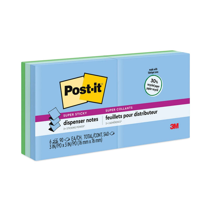 Post-it Recycled Pop-up Notes in Oasis Collection Colors, 3" x 3", 90 Sheets/Pad, 6 Pads/Pack