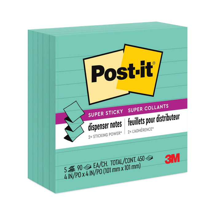 Post-it Pop-up Notes Refill, Note Ruled, 4" x 4", Aqua Wave, 90 Sheets/Pad, 5 Pads/Pack