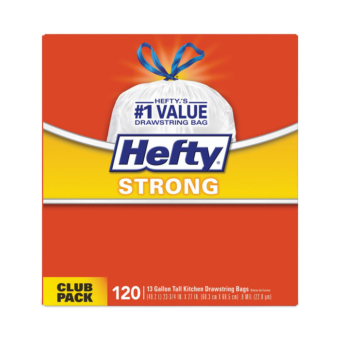 Hefty Strong Tall Kitchen Drawstring Bags, 13 gal, 0.9 mil, 23.75" x 27", White, 90/Box