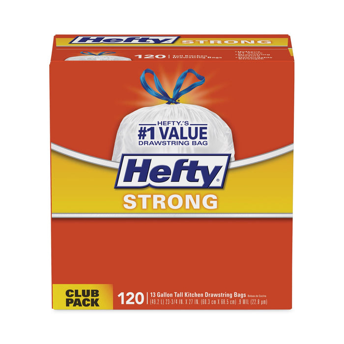 Hefty Strong Tall Kitchen Drawstring Bags, 13 gal, 0.9 mil, 23.75" x 27", White, 90/Box, 3 Boxes/Carton